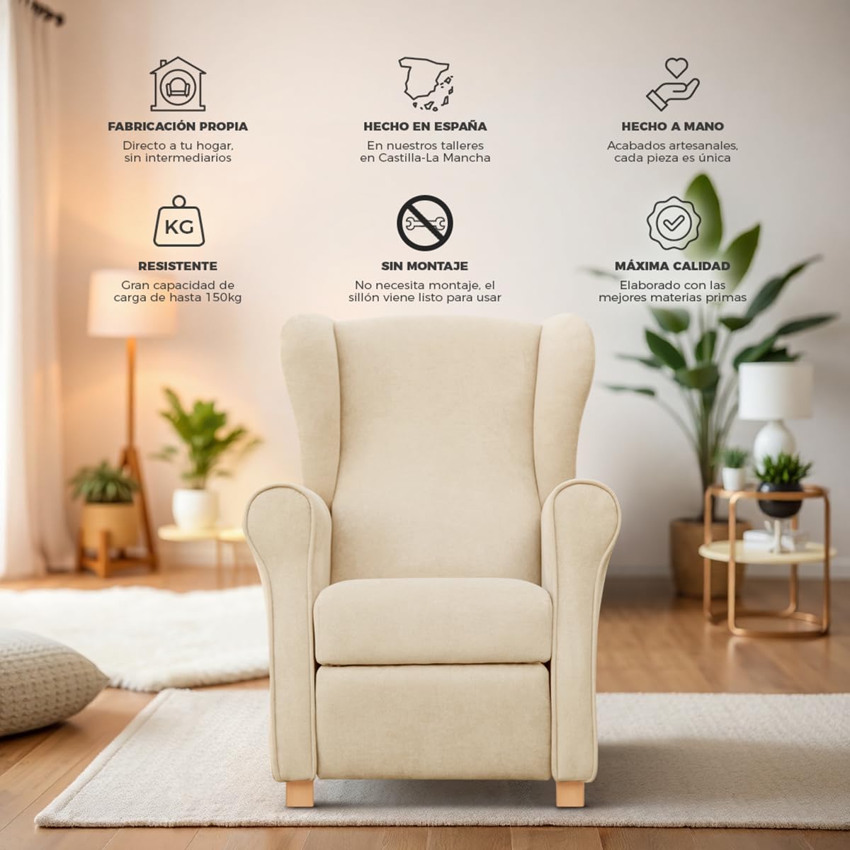 SUENOSZZZ-ESPECIALISTAS DEL DESCANSO Sillón Relax orejero Irene reclinable con Patas de Madera, Relax nórdico tapizado en Tela Antimanchas Beige