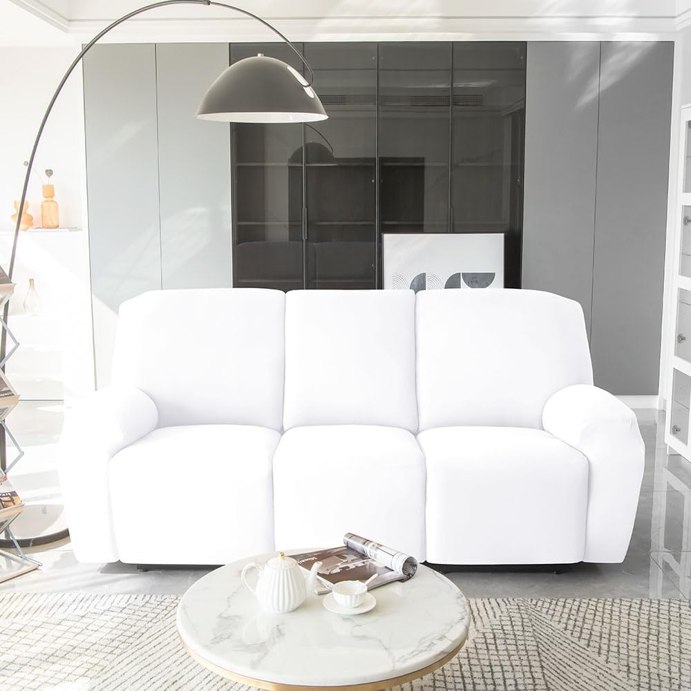 Soft Stretch Recliner Chair Cover, Solid Color Non-Slip Sofa Cover with Side Pocket, Washable Furniture Protector for Recliner Chair(Blanc,3 Places)