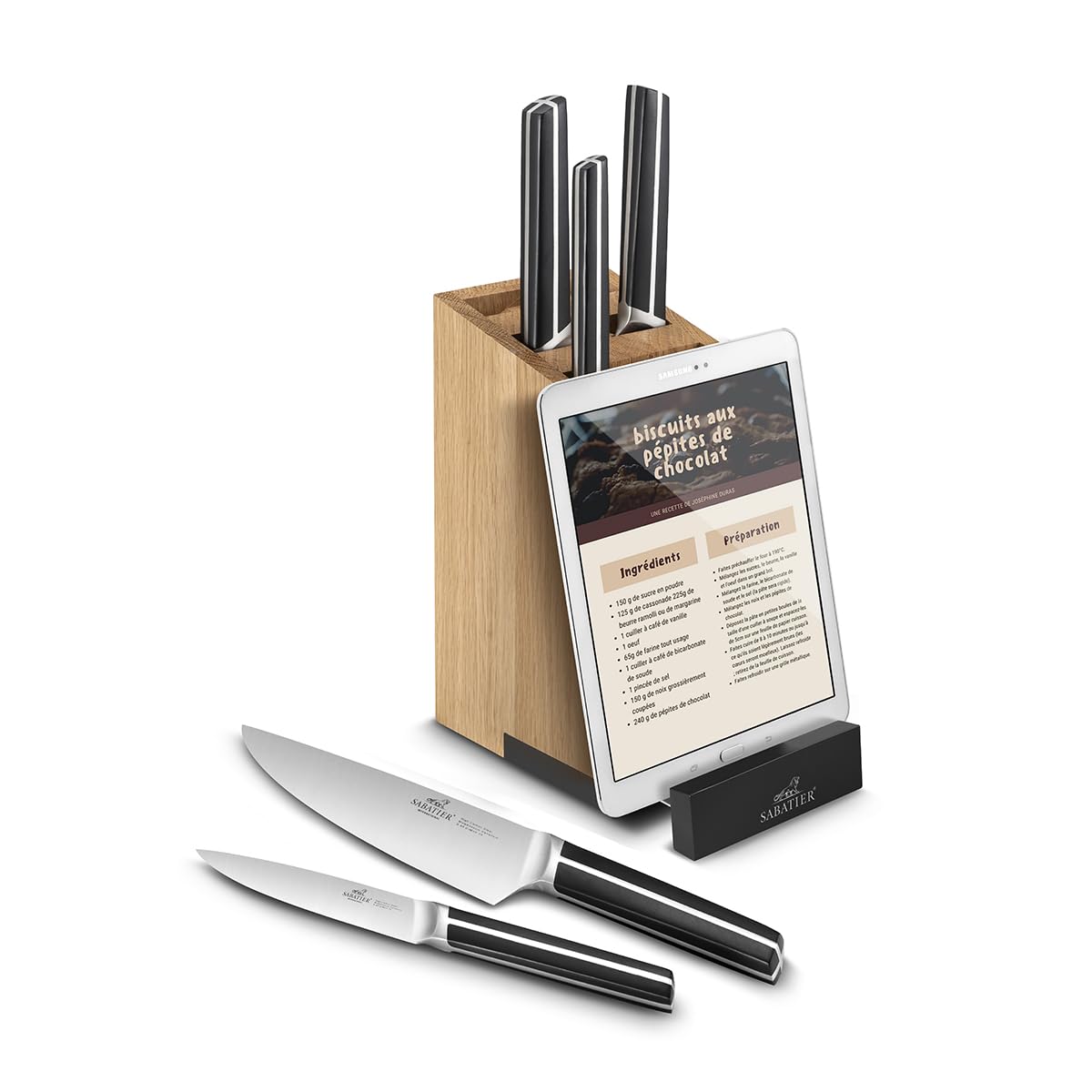 SABATIER – Bloc STANFORD de 5 Couteaux Indispensables CHIRON - avec Support de Tablette Intégré – Idéal pour Ranger, Protéger et Garder vos Couteaux à Portée de Main tout en Suivant vos Recettes