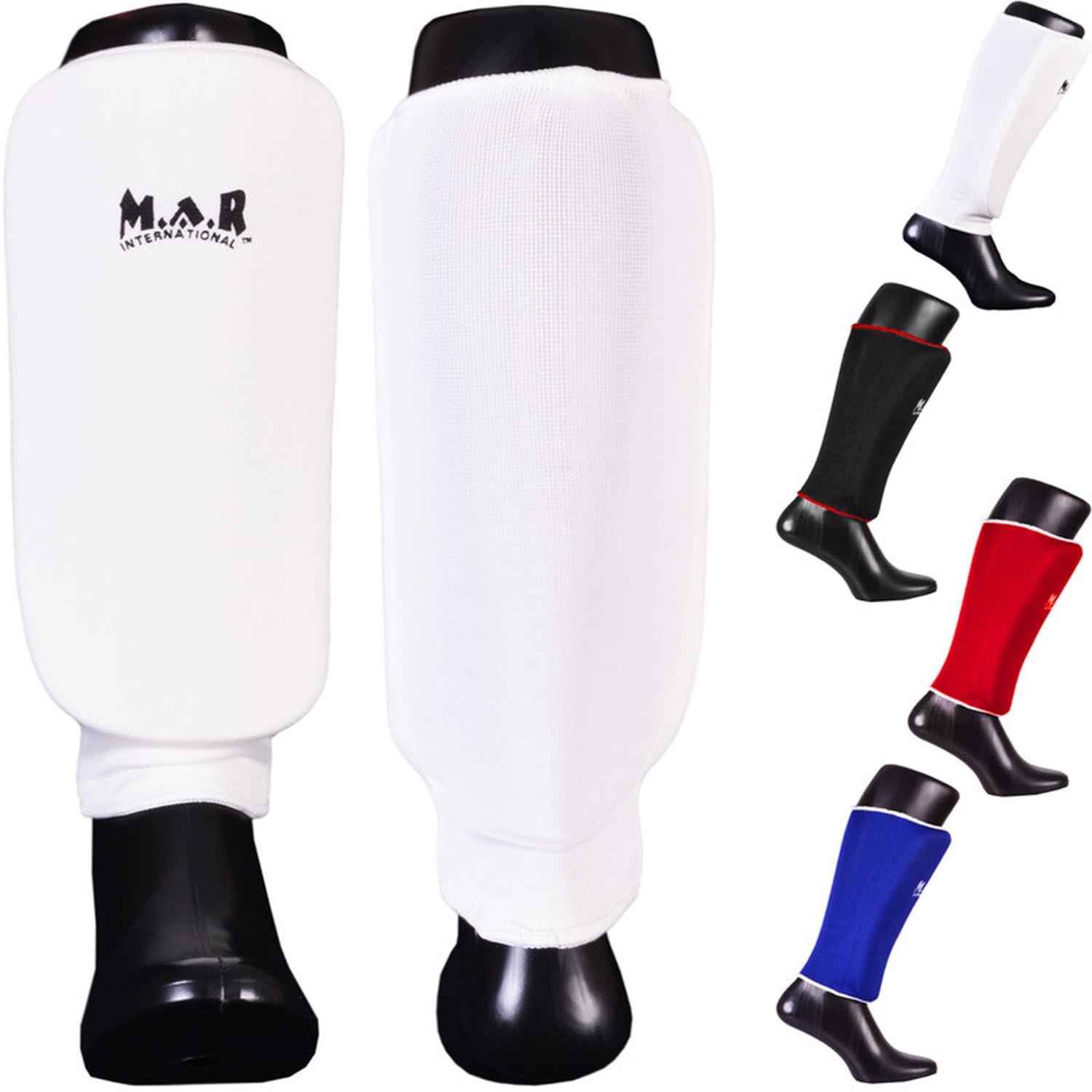 MAR | White Elasticated Shin Guards for Contact Sports, Slip-On Design with Layered Foam Padding, Training Shin Pads for Kickboxing, Muay Thai, MMA, Karate, Taekwondo & More, Wrestling Kickpads (S)