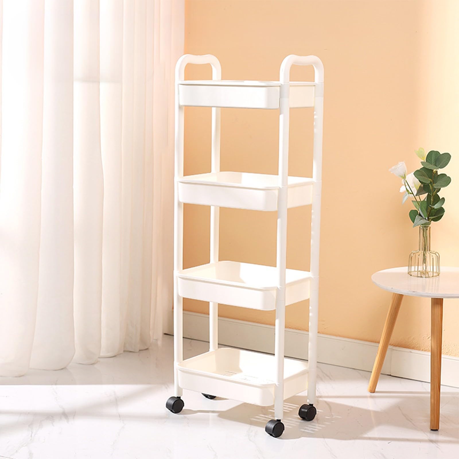 Carrello da cucina sottile a 4 ripiani, bianco, con ruote.