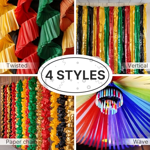 Image of PartyWoo Crepe Paper Streamers 6 Rolls 492ft, Pack of Metallic Gold Black Green Red Yellow Crepe Paper Streamers, Crepe Paper for Black History Month Party Decorations (1.8 in x 82 Ft /Roll)