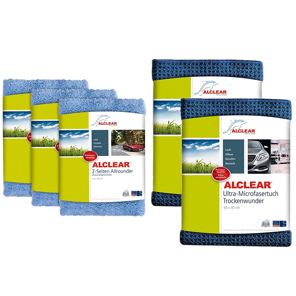 ALCLEAR 3er Set Auto Microfasertücher Poliertücher 2-Seiten-Allrounder Premium ohne Hologramme, 40x40 cm blau & Auto Microfasertuch Trockenwunder für Autopflege, 2er Set, Autolack, 60x40 cm blau