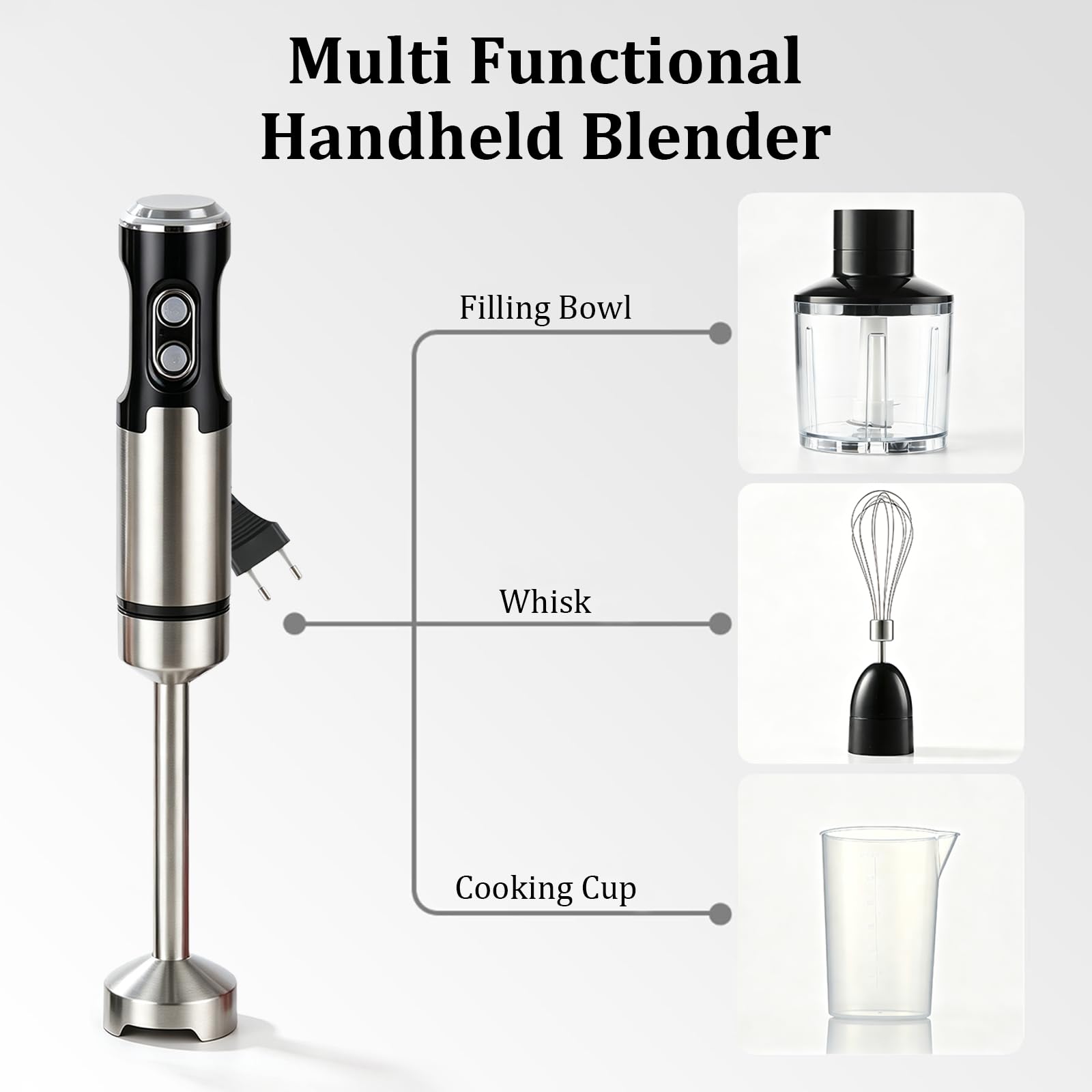 Frullatore a immersione 4 in 1, max 1000 W, motore resistente, 7 modalità di velocità, lama in acciaio inox con tritatutto da 500 ml, bicchiere da 600 ml per alimenti per bambini e frullati