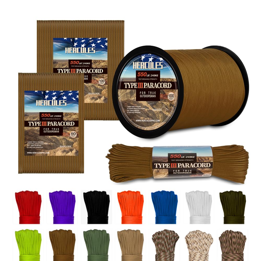 HERCULES Type III Paracord 550 Paracord Rope Parachute Cord, 250' Coyote Brown Paracord for Camping Rope, Survival Rope-image-33