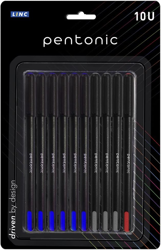 Pentonic 0.7mm Ball Point Pen Blister Pack | Black Body | 6 Blue, 3 Black & 1 Red Ink | Set of 10 Pens