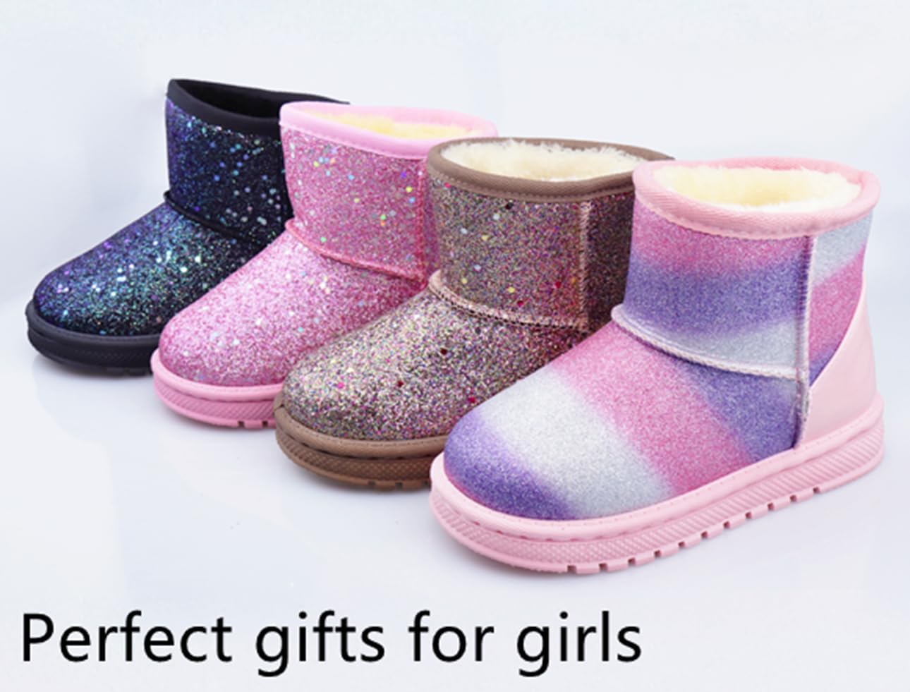 Girls Glitter Sequin Princess Snow Boots for Toddler Little/Big Kid | sparkly,shiny,warm,non-slip,lightweight,faux fur,plush lining,cute,comfy,fashion,dress,outdoor,christmas,party,gift