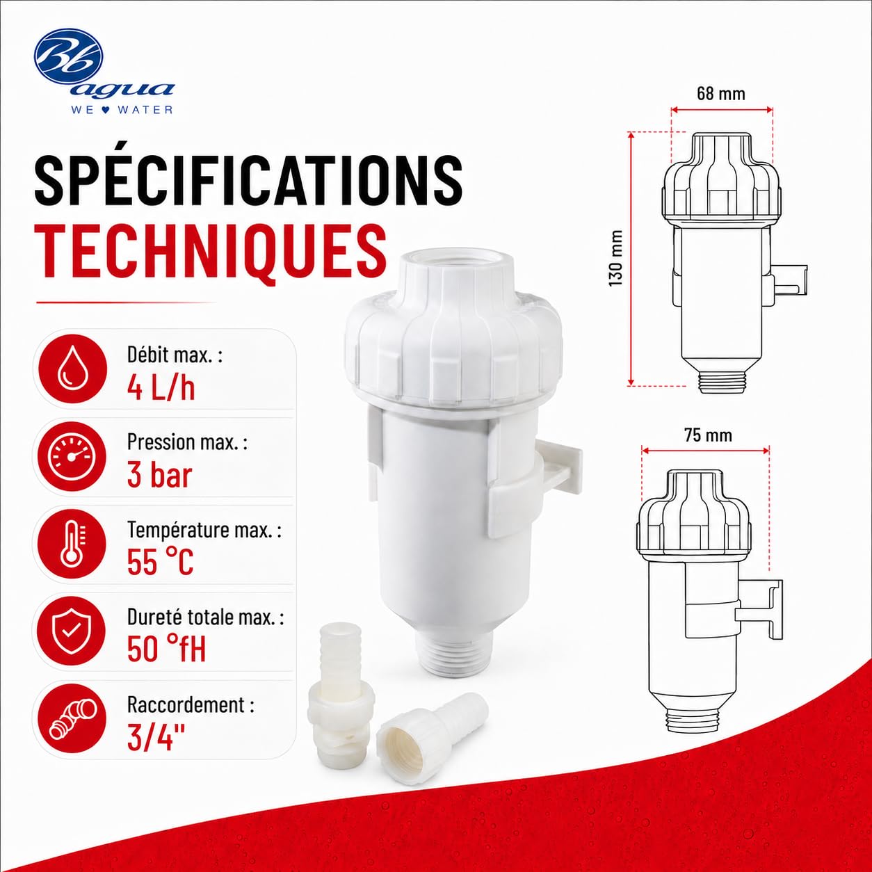 Filtre à acide neutre. Neutralise les condensats acides produits par la chaudière, prolongeant ainsi la durée de vie et réduisant l'entretien. Nettoyage et entretien faciles. Babagua.