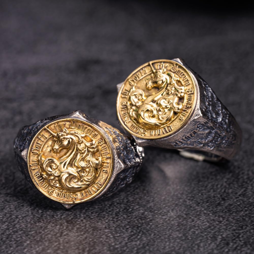 Anillo de unicornio de plata de ley 925 de dos tonos para hombre, abierto y ajustable
