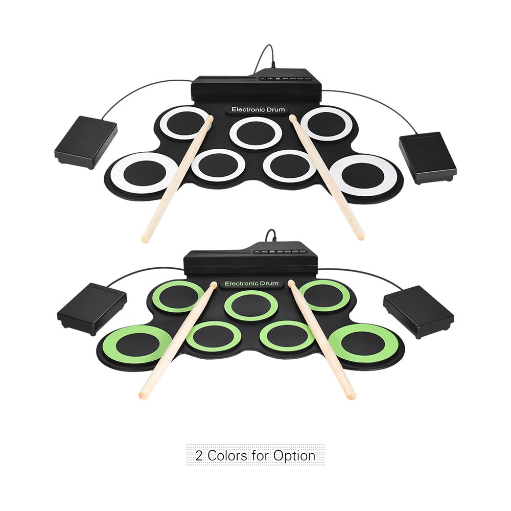 Kit de batería enrollable digital digital portátil de tamaño compacto, 7 almohadillas de silicona alimentadas por USB con baquetas, pedales de pie de 3,5 mm, cable de audio para practicar