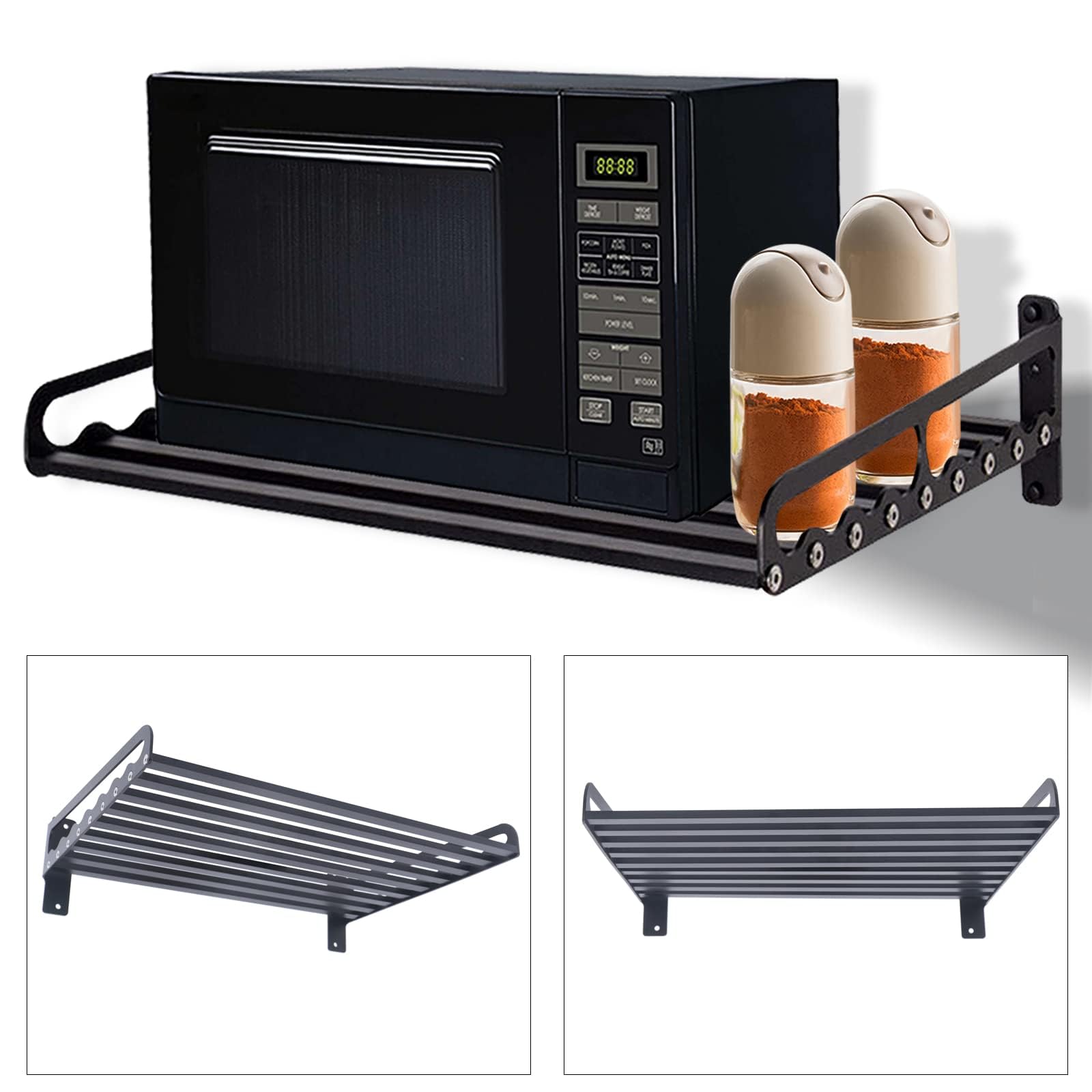 Supporto da parete per forno a microonde, in alluminio, nero, per microonde, da cucina, 50 x 39,5 cm, foratura