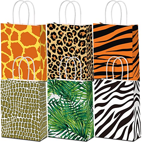 24 Pieces Animal Print Gift Bags Safari Jungle Party Favor Bag with Handle Paper Zoo Wildlife Goodie Treat Bags Leopard Tiger Zebra Giraffe Pattern for Animal Themed Baby Shower Birthday Supplies
