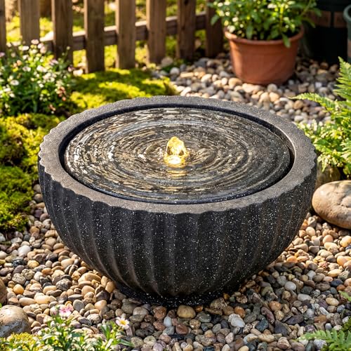 Giantex 18 Round Outdoor Water Fountain with 6 LED Lights Stone Gray Resin Sphere Waterfall Feature with Adjustable Pump Lighted Bubbling Fountain for Garden Patio Porch Decor (18 Dia. x 9.5 H)