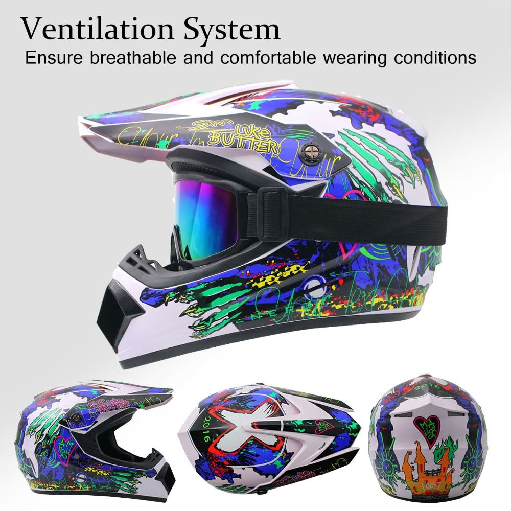 Casco da Moto Per Bambini E Adulti, MTB, Scooter, Downhill, Enduro, Set con Guanti, Occhiali E Maschera, Omologato DOT