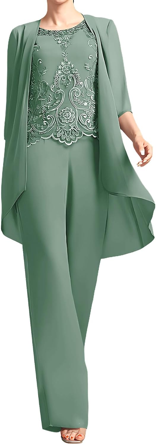 3 Piece Mother of The Bride Pant Suits - 3/4 Sleeve Chiffon Lace Plus Size Women Wedding Guest Formal Outfit with Jacket
