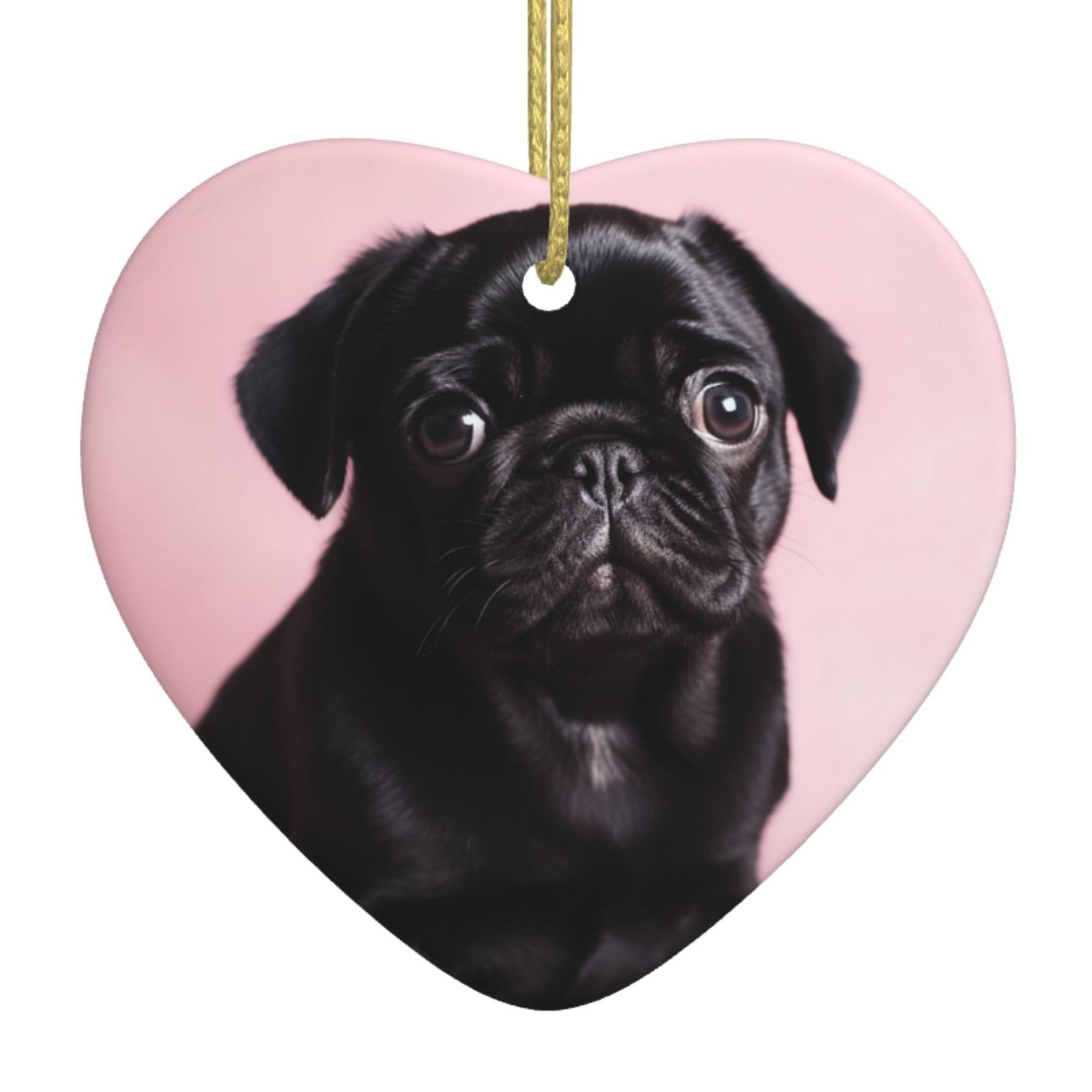 Christmas Ornaments Heart Ceramic Ornaments Cute Black Pug Printed Christmas Tree Ceramics Hanging Ornament for Xmas Holiday Party Decorations