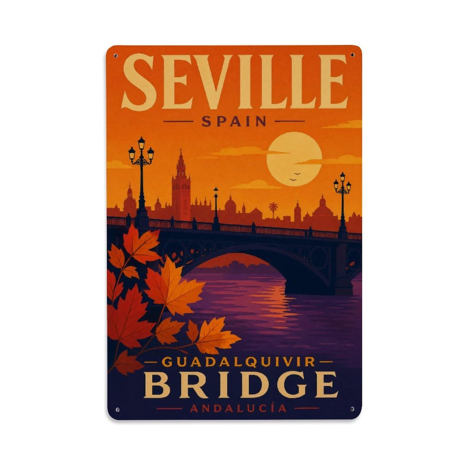 Yrnq 08X12inch Vintage Style Vintage Guadalquivir Bridge Sunset Silhouette Orange Spain Metal Tin Sign