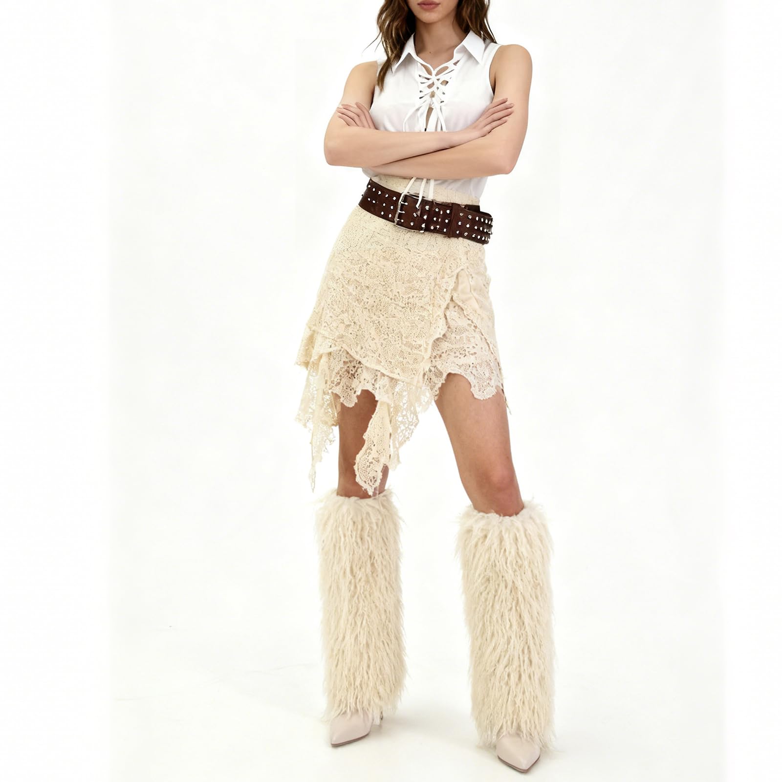 XBKXMK Fur Knee High Boots for Women Pointed Toe Stiletto Heel Fold Over Tall Boots Fashion Wide Calf Long Booties: 9 White