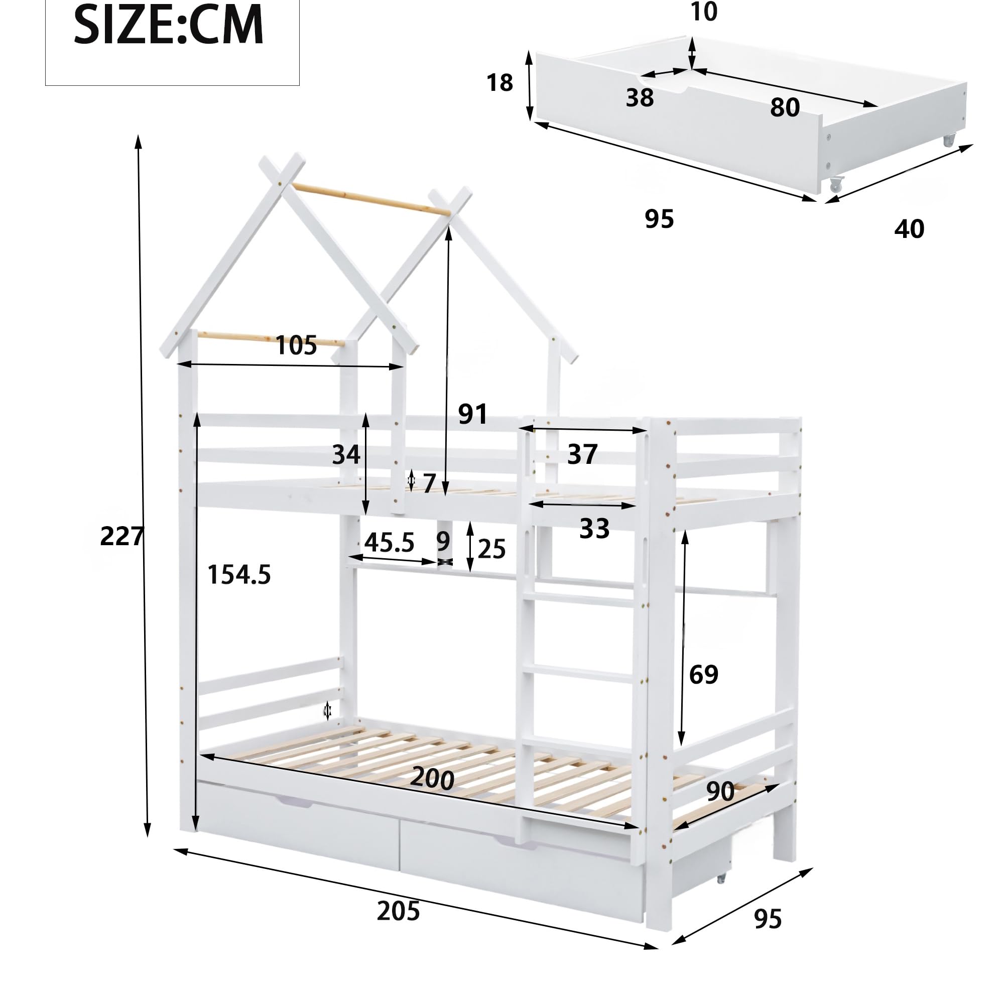 Cama Infantil, Litera Matrimonio 90x200, Litera para Niños con 2 Cajones y Estantes, Cama Altill con Escalera de Tres Peldaños y Tejado, Cama Altillo con Listones de Madera, Sin Colchón