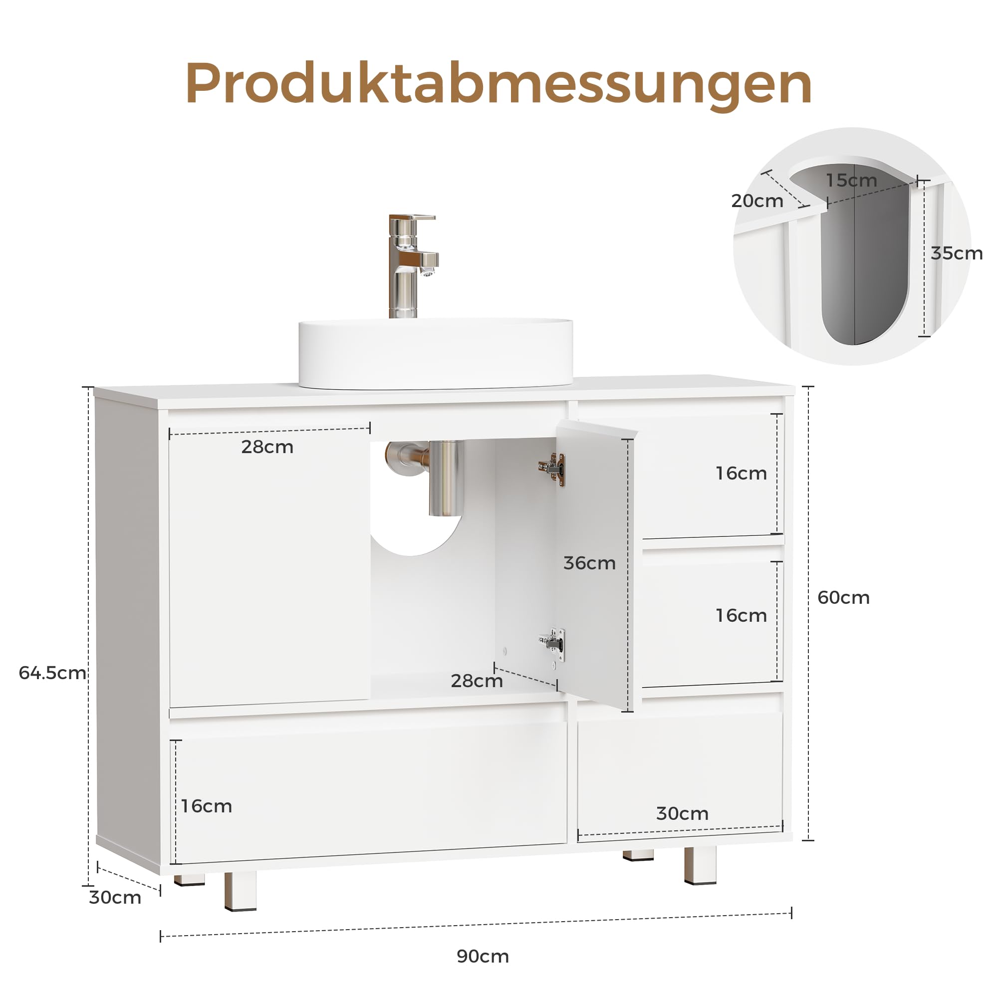 ANWBROAD Mueble Bajo Lavabo, 4 Cajones, 2 Puertas, Armario de Baño con Patas, Moderno,90 x 30 x 64,5 cm, Blanco SSC002W