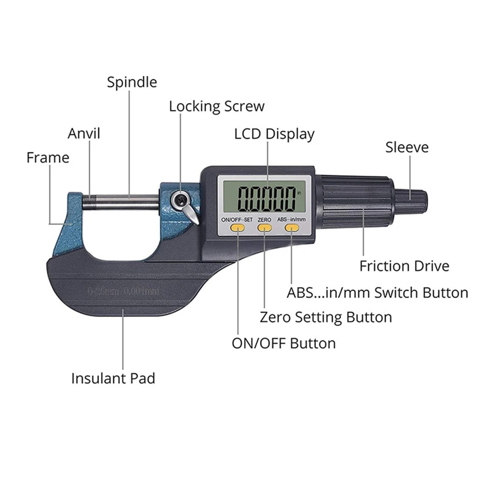 Calibrador micrométrico digital de 0-25 mm con pantalla LCD extragrande y calibrador micrométrico electrónico exterior de 0,001 mm Preciso