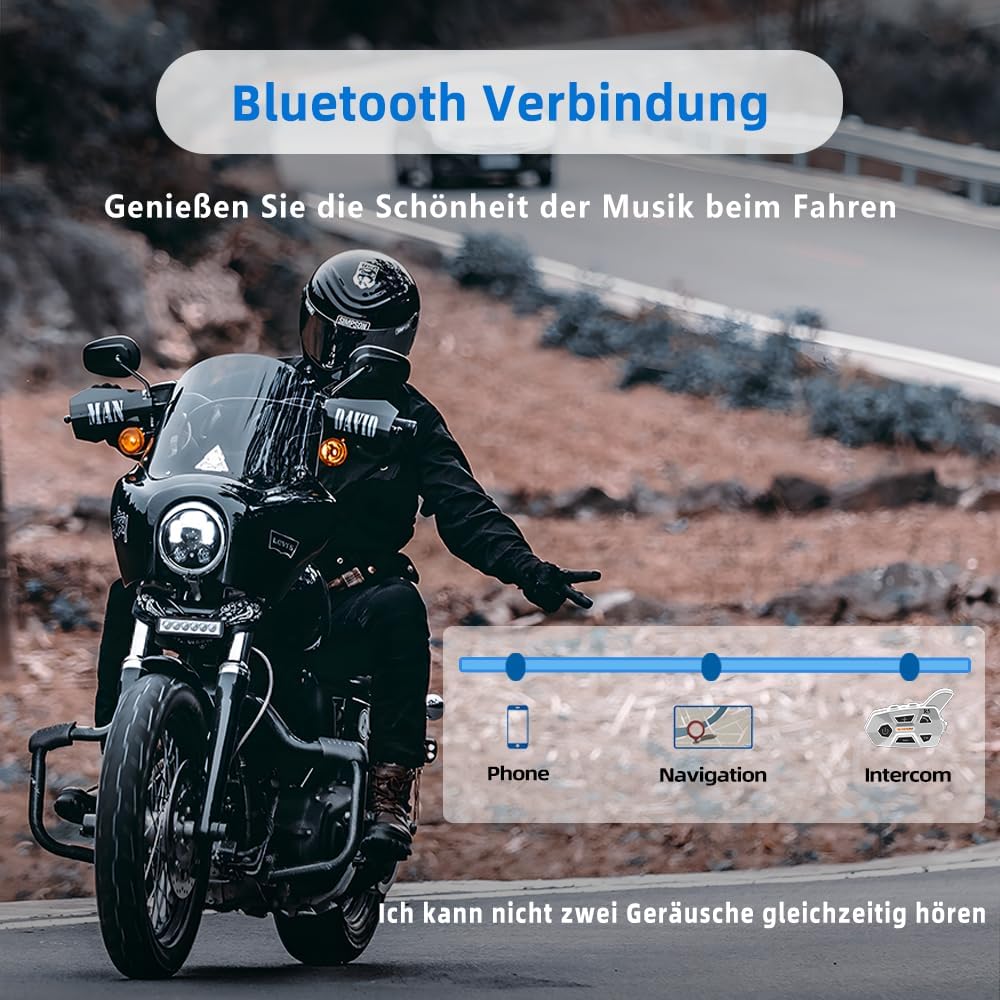 A motorcyclist riding, with an overlay showing icons for Phone, Navigation, and Intercom, illustrating the Bluetooth connection capabilities.