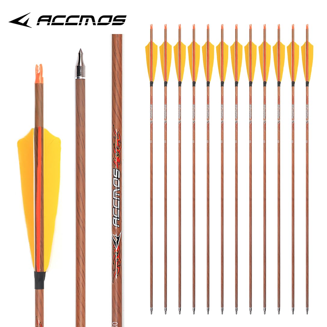 ACCMOS 12pz Frecce per Tiro con L'Arco ID 6,2 mm Spine 350 400 450 500 600 700 800 Simil Legno Freccia in Puro-Carbon 5" Piuma di Tacchino Freccia da Cacci (Spine 700, 31inch)
