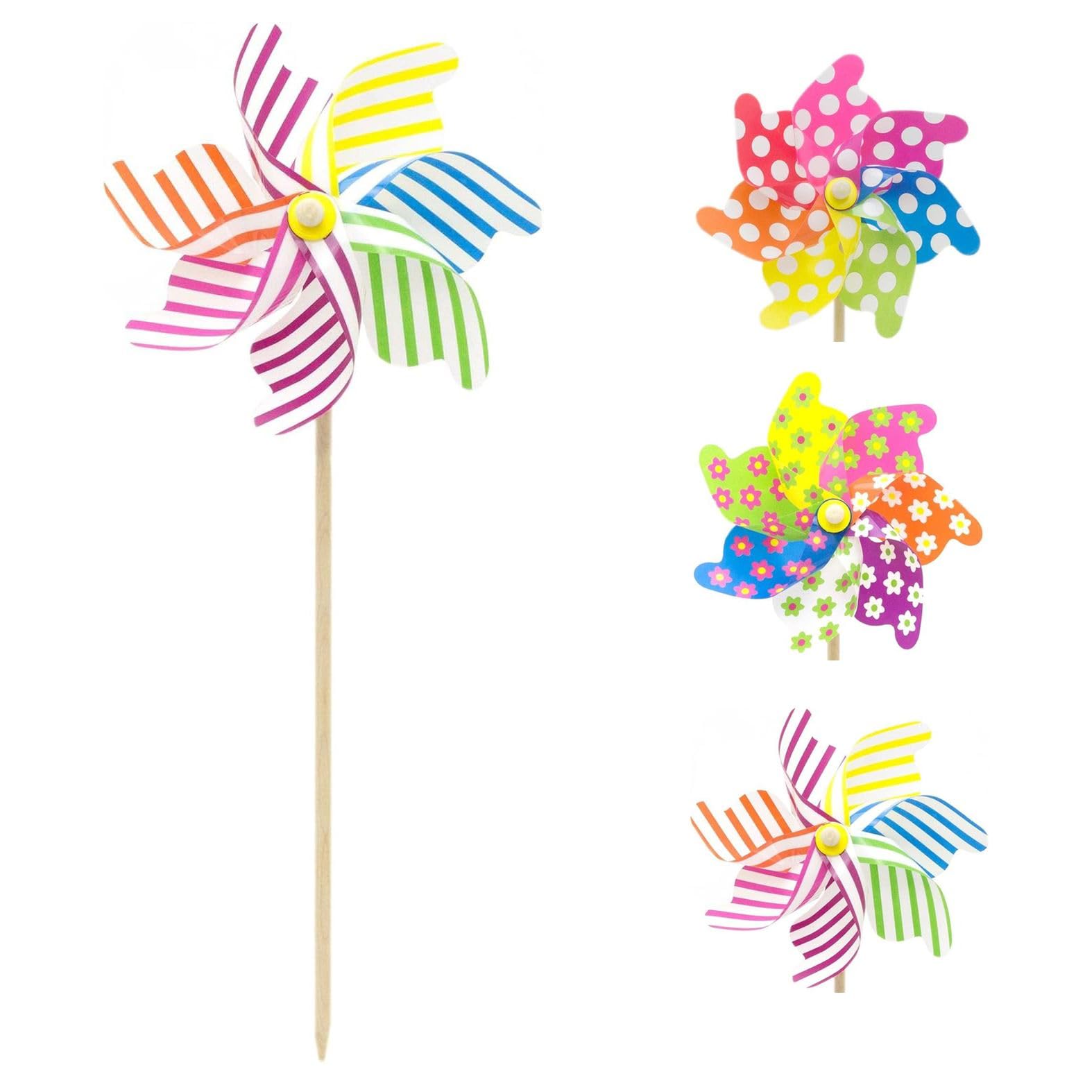 Pack of 4 Giant Wooden Garden Windmills | Large Traditional Beach Windmills for Garden | Jumbo Outdoor Pinwheel Wind Spinner Decorations - 75cm ~ Design Varies
