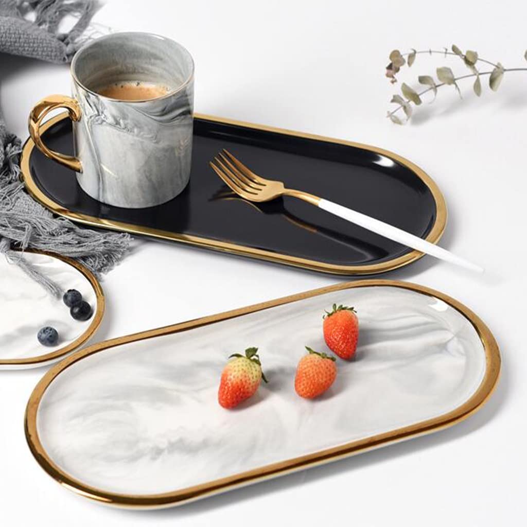 Bandeja Decorativa para Llaves, Bandeja De Servicio Decorativa, Bandeja De Tocador De Cerámica De Mármol Rectangular con Borde Dorado, Plato De Anillo De Joyería, Bandeja De Servicio De Frutas