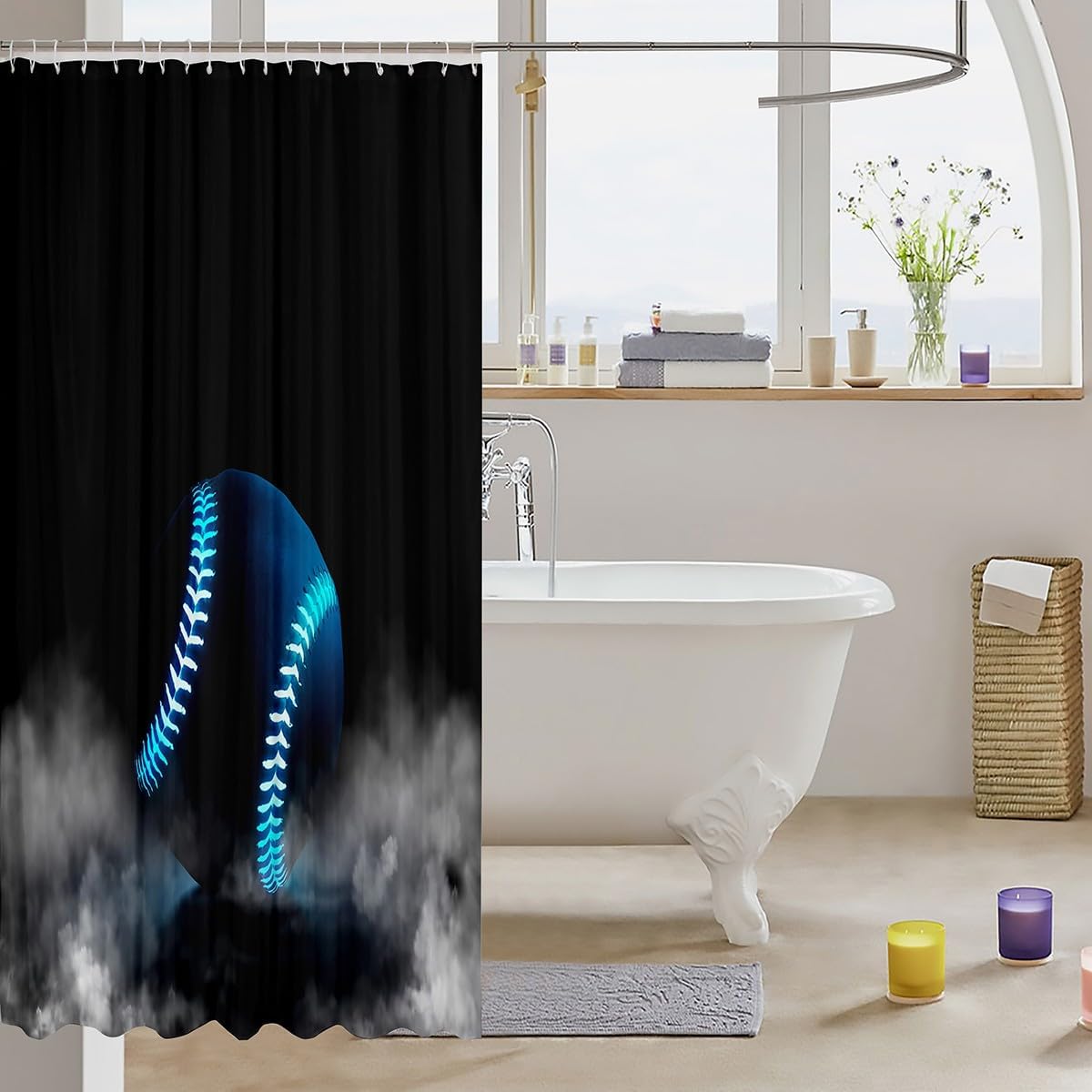 Baseball Shower Curtain,Neon Blue Glowing Baseball Bathroom Curtain,Ball Sports Games Waterproof Curtain for Kids Boys Teens Room Decor,Fashion Modern Foggy Black Bath Curtain,12 Hooks,72"Wx78"L