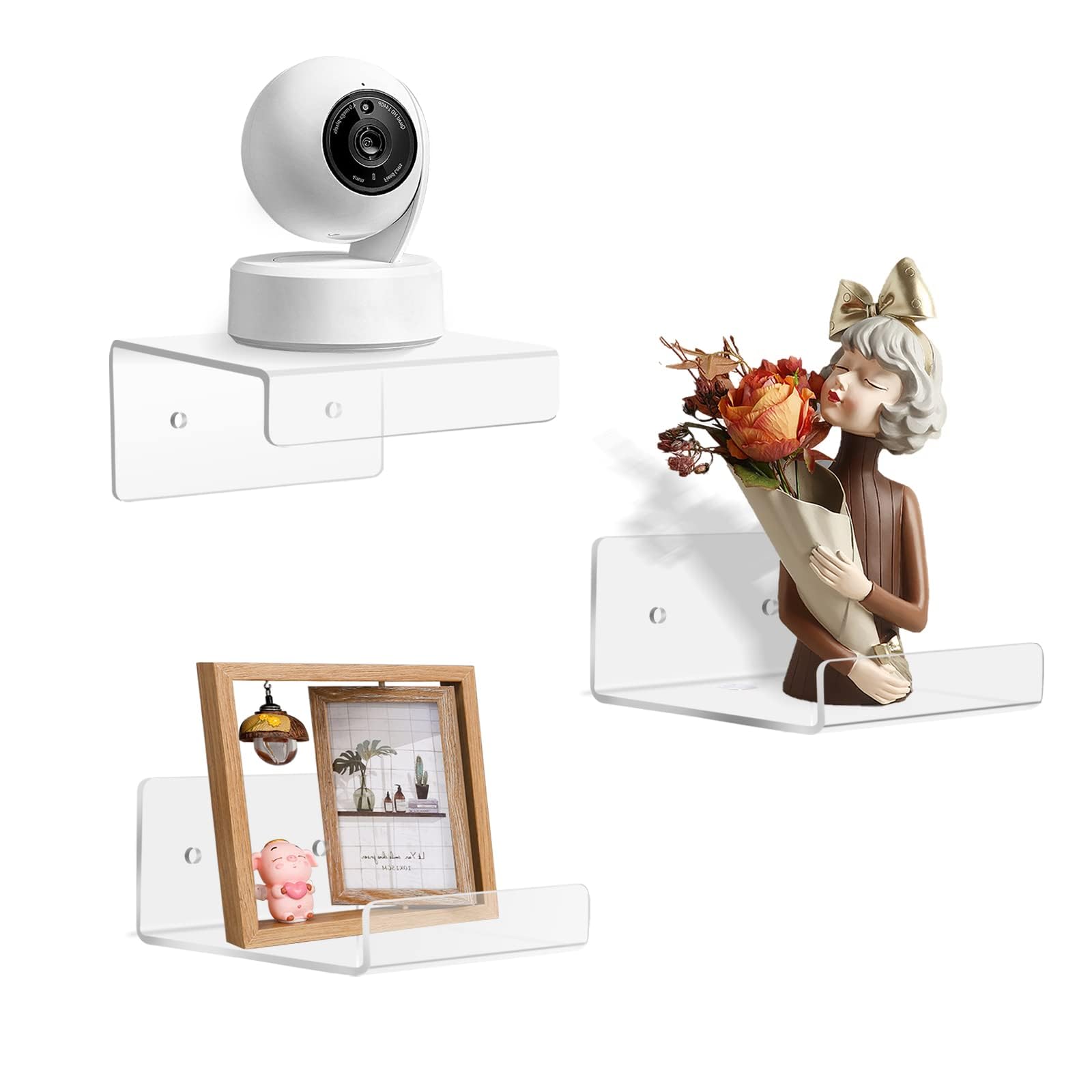 Tazweeq 3 Pack Acrylic Small Floating Shelf for Wall Storage, No Drill Adhesive Wall Shelf Set of 3 for Storage, Floating Shelves Damage-Free Expand Wall Space for Living Room, Office, Gaming Room