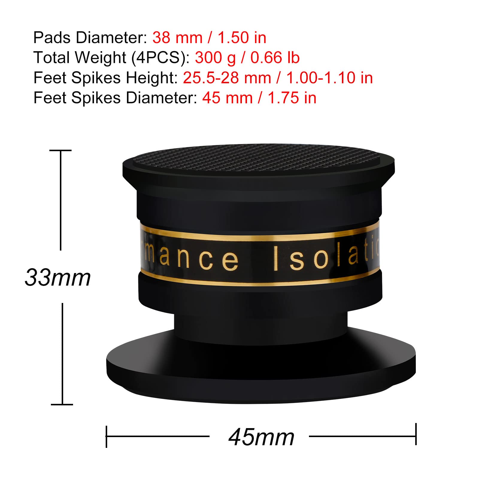 Lautsprecher Isolation Füße Aluminium Audio Füße Lautsprecher Spikes Höhe einstellbar Lautsprecher Füße Absorber Schwingungsdämpfer für HiFi Lautsprecher Audio Verstärker(45 * 33mm,Schwarz)