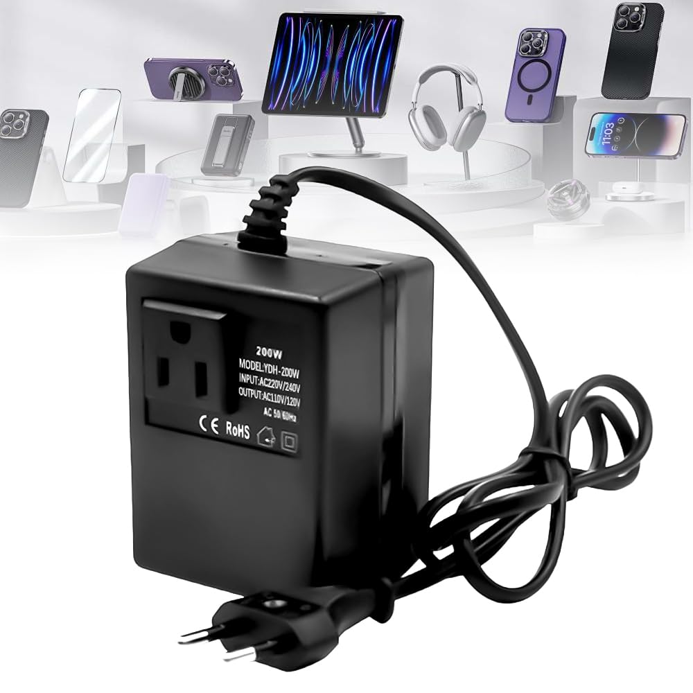 Spannungswandler Transformator 220V auf 110V, 200W Netzadapter Schritt Runter Stromkonverter, Reisestromadapter Spannungswandler mit EU Stecker für Luftreinigern verwendet,Computern Minikameras