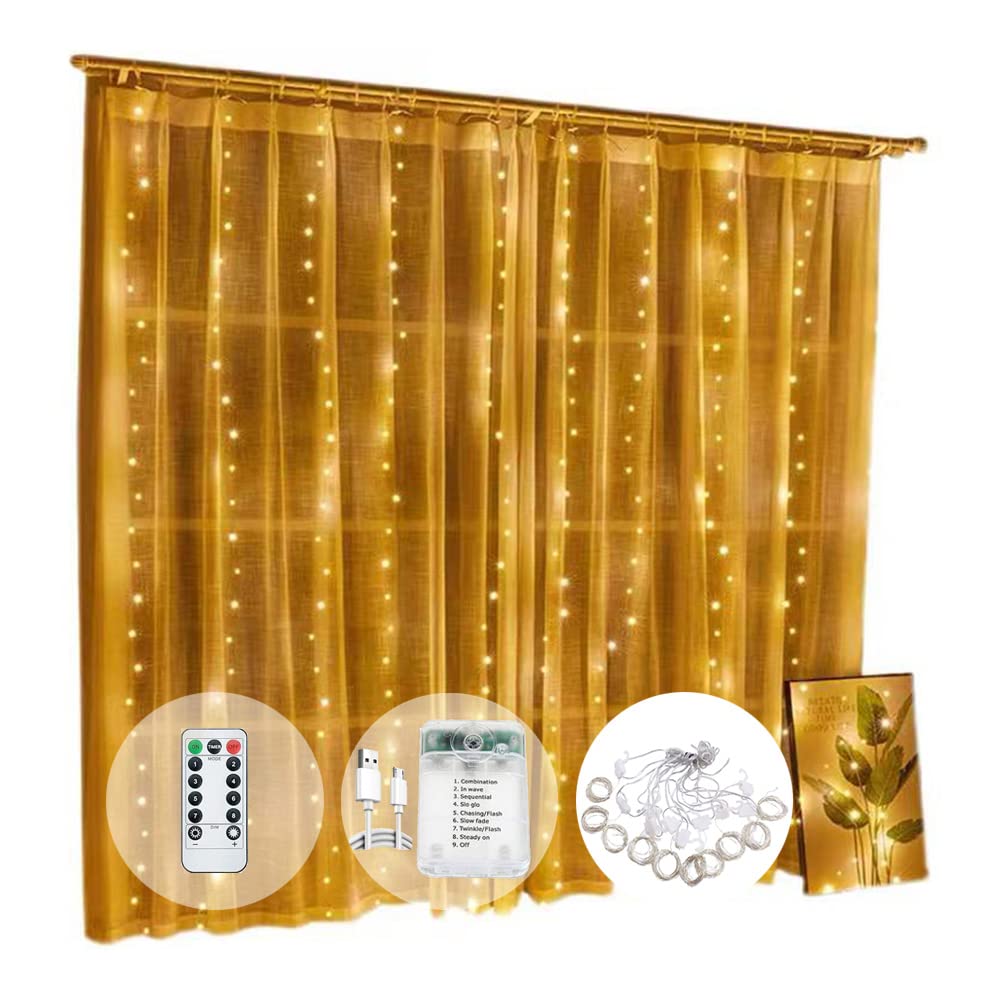 WEYSHFairy Window Curtain Lights Battery USB Powered 3M×3M, Curtain of String Lights with Remote, 300LED Indoor Outdoor Decorative Lights for Bedroom, Patio, Party Wedding (Warm White)