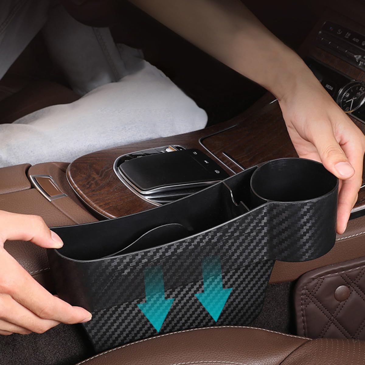 Organizador Almacenaje Plástico para Asiento Coche 2 Cajas Compactas Relleno Huecos Uso Diario Vehículo Conductor Copiloto