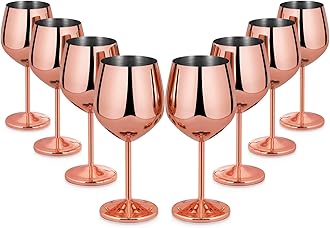 Lifecapido Stainless Steel Stem Wine Glasses Set of 8, 18oz Copper Wine Glasses, Stainless Steel Wine Goblets with Cup Brush for Party Office Wedding Anniversary, Great for Red White Wine(Rose Gold)