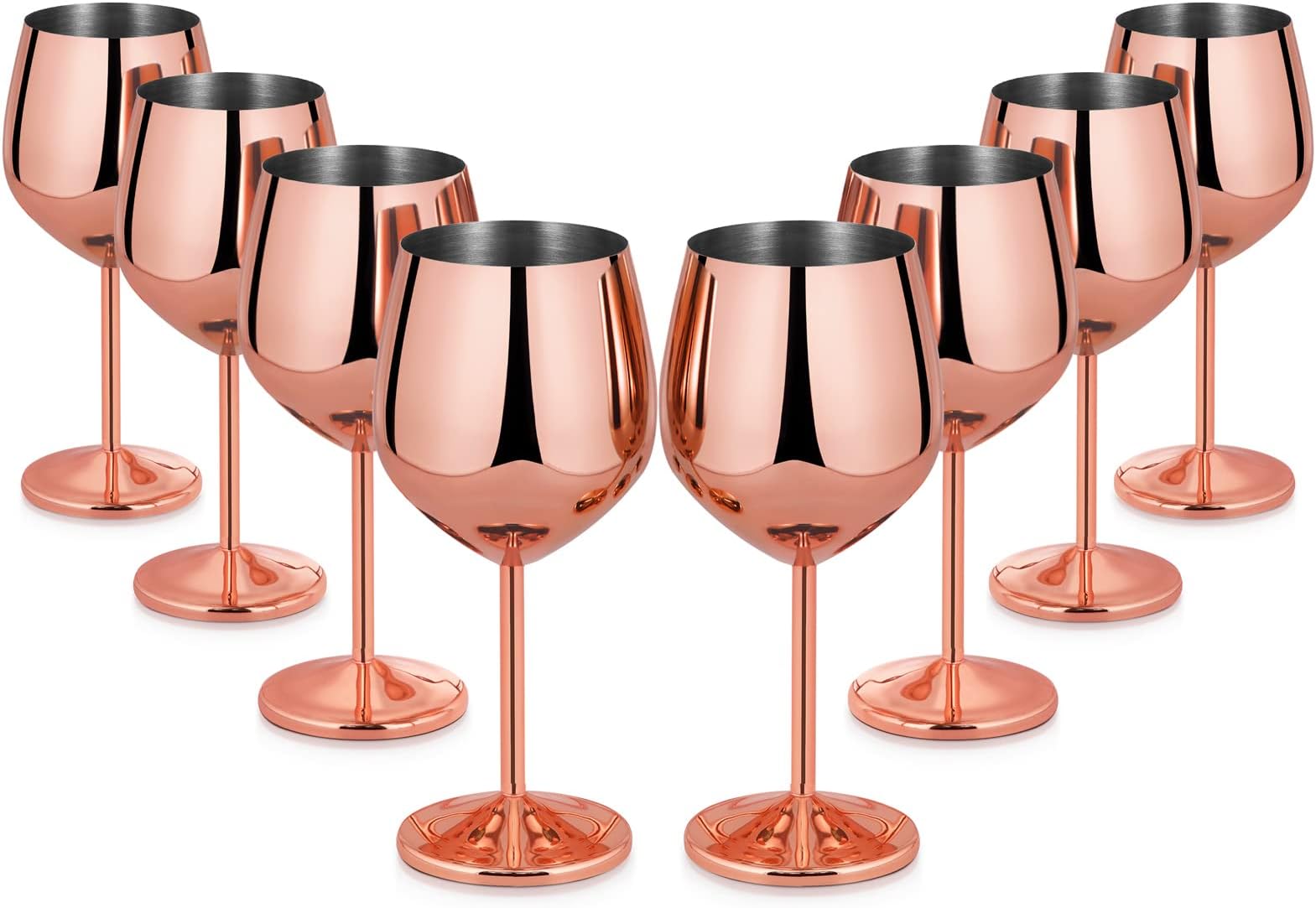 Lifecapido Stainless Steel Stem Wine Glasses Set of 8, 18oz Copper Wine Glasses, Stainless Steel Wine Goblets with Cup Brush for Party Office Wedding Anniversary, Great for Red White Wine(Rose Gold)