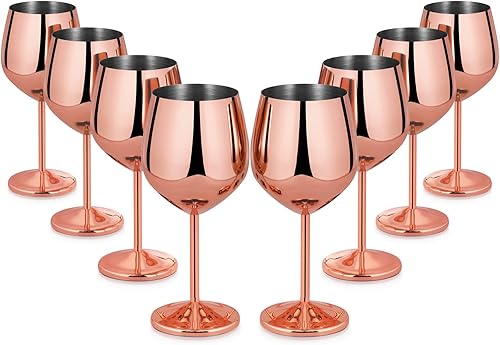Lifecapido Juego de 8 copas de vino de acero inoxidable, copas de vino de cobre de 18 onzas, copas de vino de acero inoxidable con cepillo para