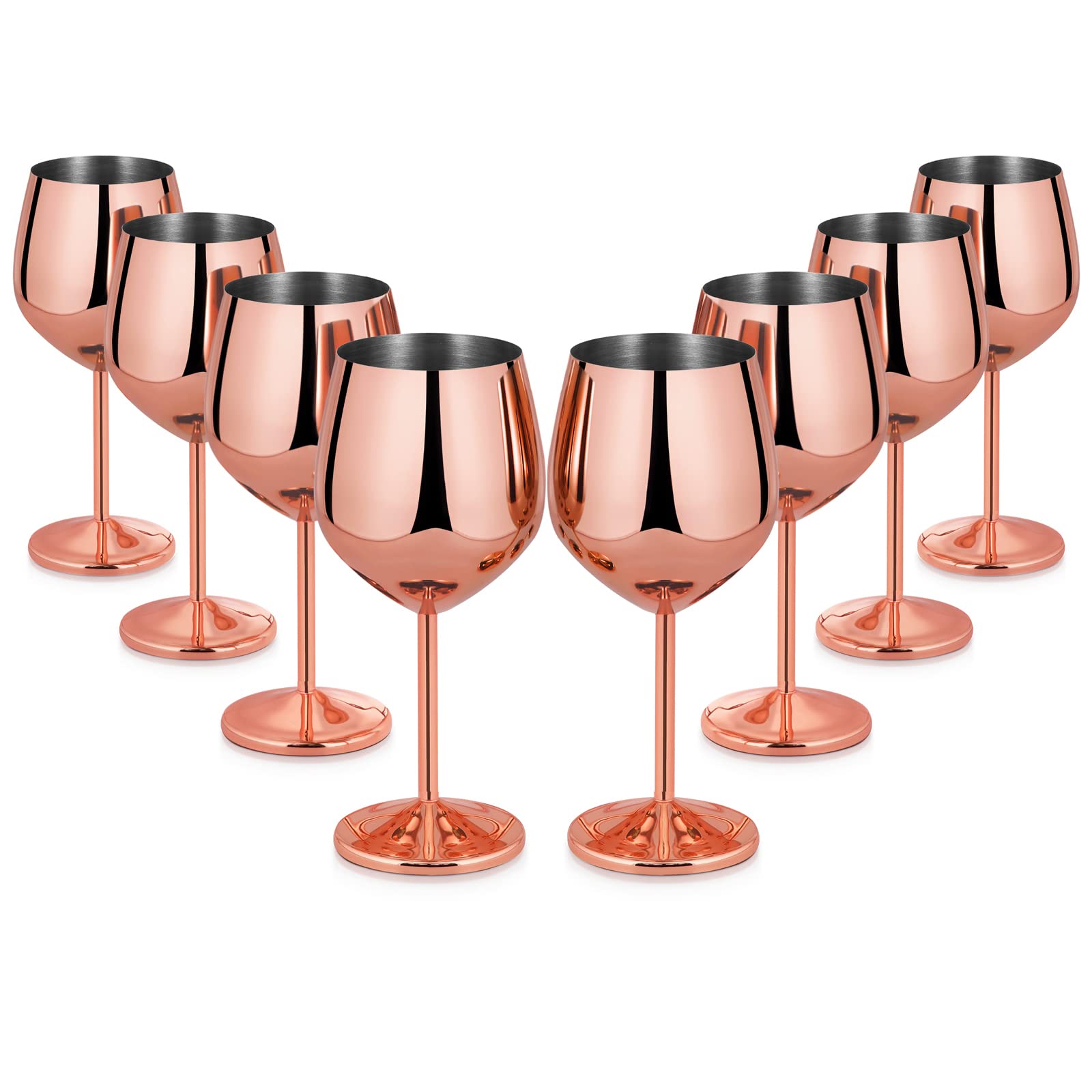 LifecapidoStainless Steel Stem Wine Glasses Set of 8, 18oz Copper Wine Glasses, Stainless Steel Wine Goblets with Cup Brush for Party Office Wedding Anniversary, Great for Red White Wine(Rose Gold)