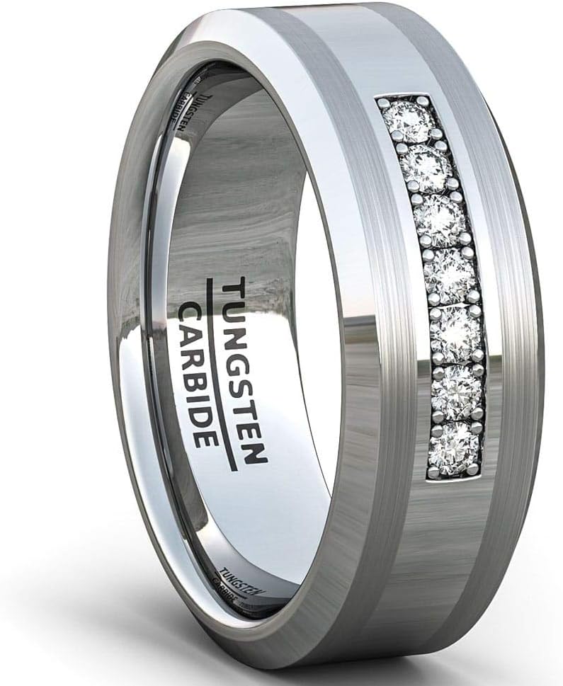 Duke Collections 8mm Black Tungsten Carbide Ring 7 Cubic Zircon Trillion Mens Wedding Comfort Fit