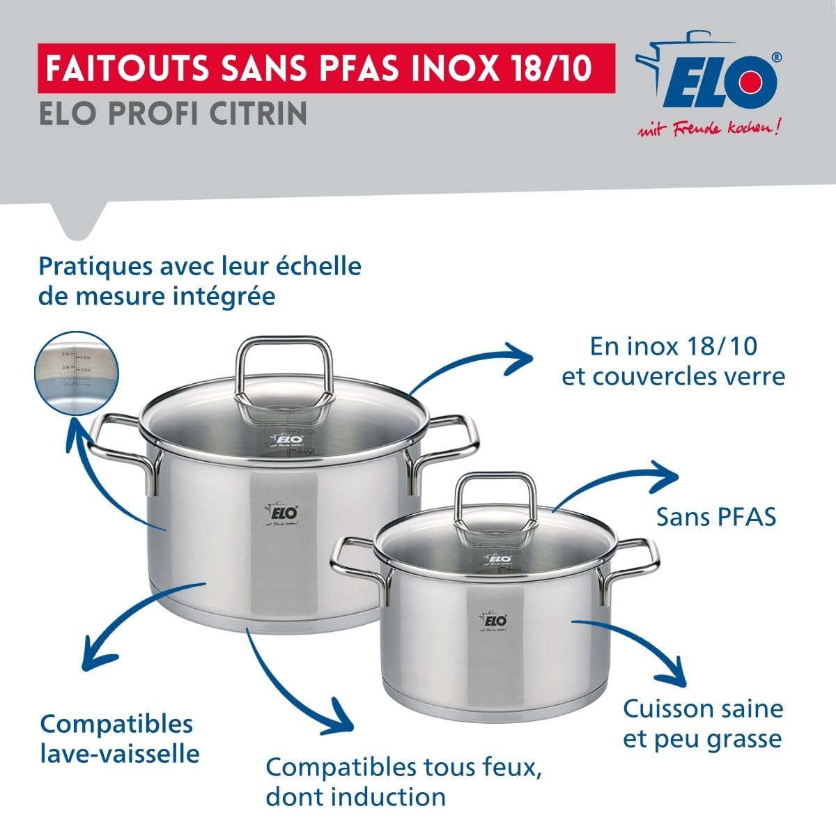 Elo Batterie cuisine 1 poêle 24 cm et 2 faitouts 12/14 cm
