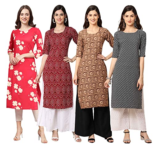 Image of Pinkmint Women's Crepe Digital Print Straight Kurta [Pack of 4] (CCV-334-338-339-335)