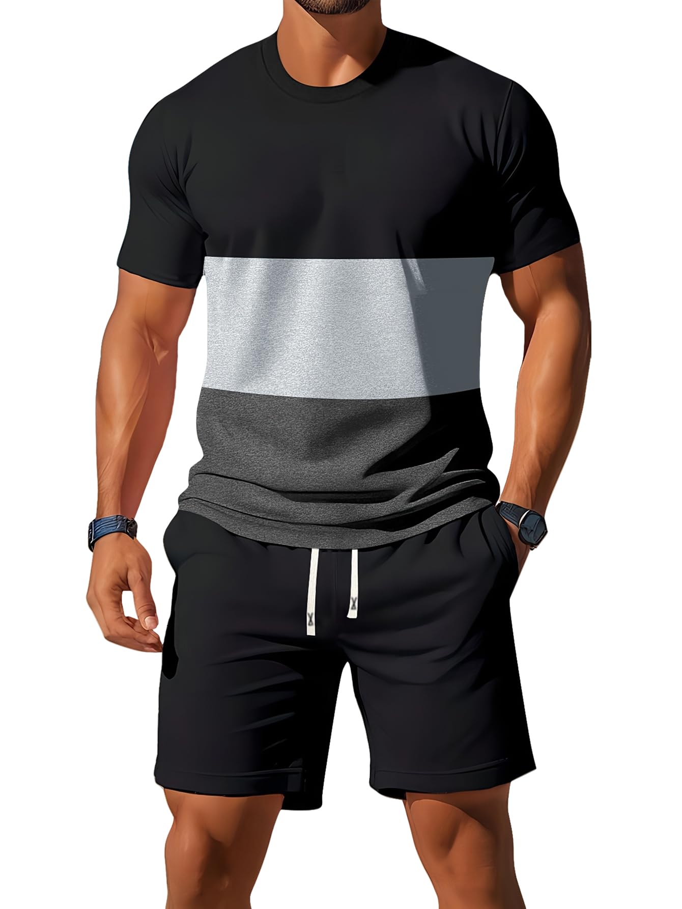 Conjunto de 2 piezas de camiseta ligera de manga corta con bloques de tres colores para hombre, a la moda, casual, vacaciones, deportes, fitness — view 11
