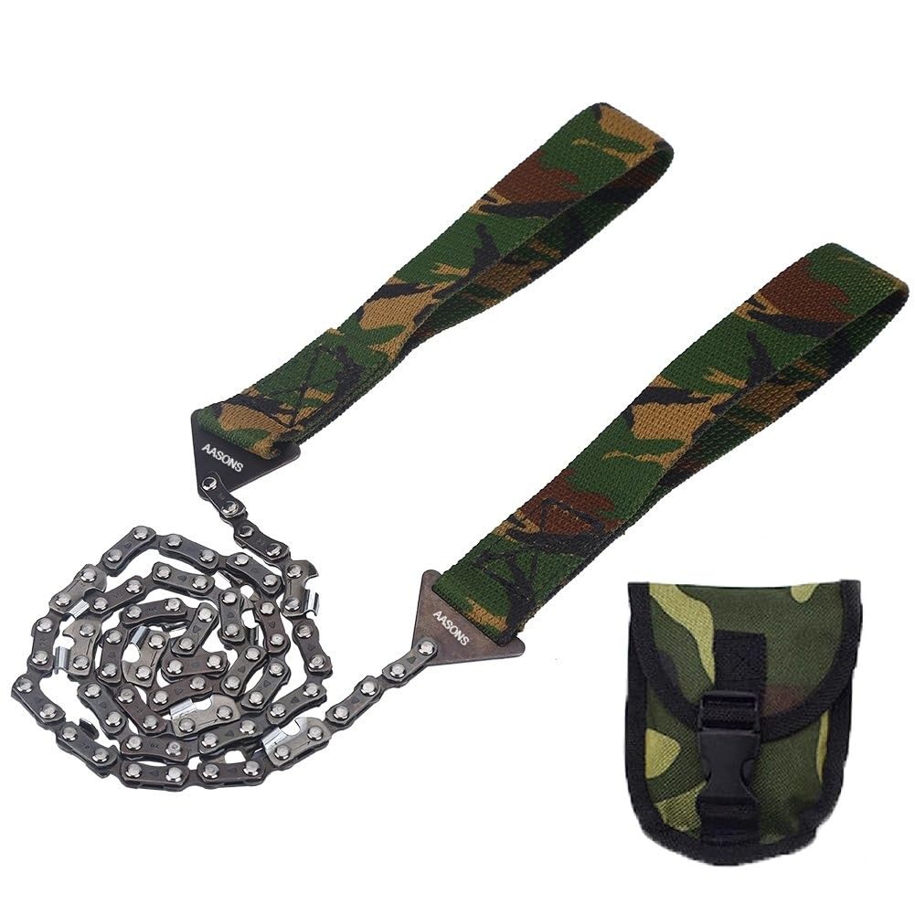 Outdoor Pocket Chainsaw Chain, Compact Folding Hand Saw Tool With Nylon Handles & Pouch For Hiking Survival Gear, Camping, Hunting, Tree Cutting Or Emergency Kit, Replaces Pole Saw 26 Inch Long