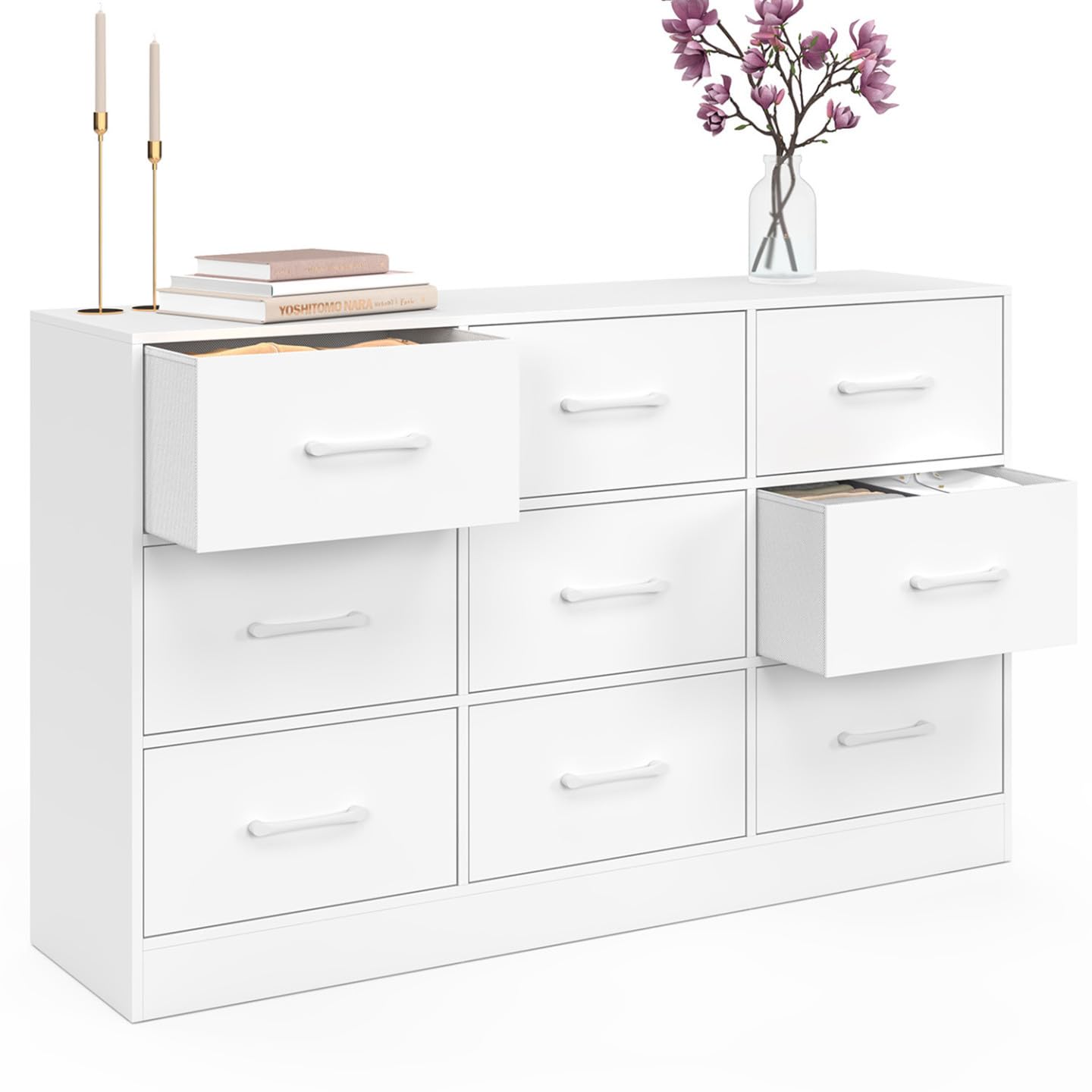 IDMarket UPPAH - Cajonera 9 cajones de tela (113 cm, mueble de almacenamiento de madera, color blanco