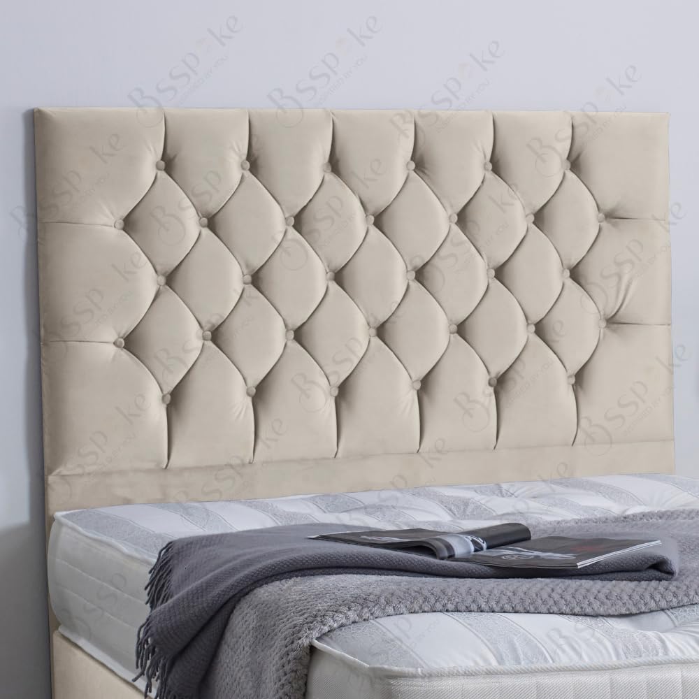 BSSPOKE 24” Chesterfield Mia Double Headboard for Divan Bed | Plush Velvet Bed Headboard |Create a Dreamy Sanctuary with the Haven Headboard for Bed (Cream Plush, Small Double 4FT)