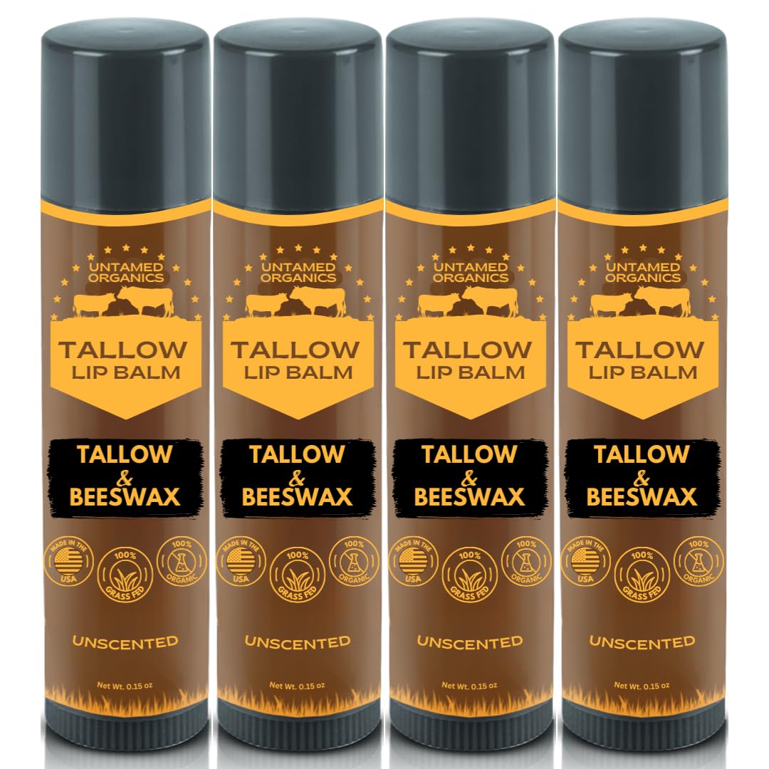 Untamed Organics Pure Tallow Lip Balm | 100% Grass-Fed Beef Tallow and Organic Beeswax | Moisturizing Lip Care for Dry, Chapped Lips | Hypoallergenic,