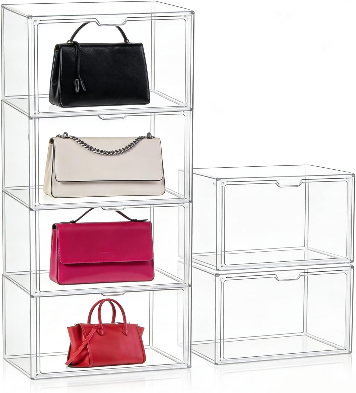 6 Pcs Clear HandPurse Storage Organizer, 15.7"x 11.8"x 9.84" Purse Storage Organizer for Closet Clear Stackable Handbag Display Case Box with Magnetic Door for Collectibles, Cosmetic, Heels