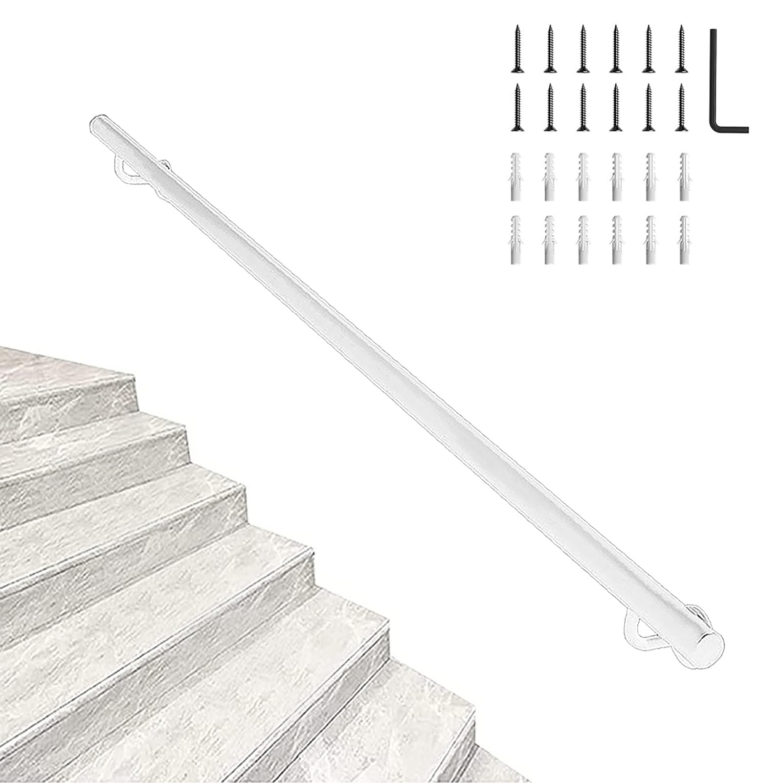 FKXSXAZ 80cm 1m 120cm 1.5m 240cm 3m Modern Stair Handrail Safety Grab Bar for Indoor & Outdoor Wall Mount Support, White Round Staircase Banister Deck Hand Rail - Complete Kit.(100cm/39in)