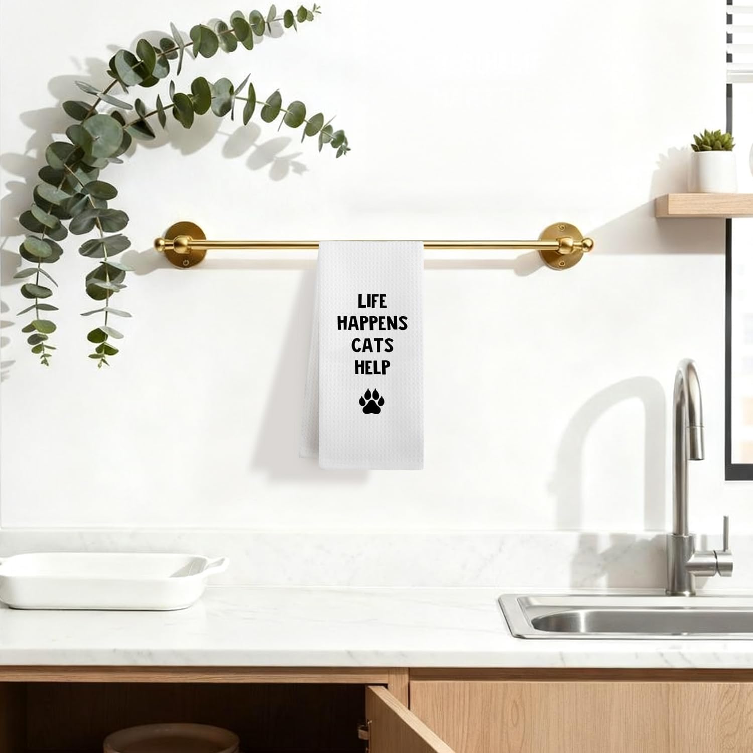 Funny Cat Kitchen Dish Towels, Cat Lovers Mom Lady Gifts, Life Happens Cats Help Decorative Hand Tea Towels for Bathroom Kitchen, 16x24 Inches - Image 5